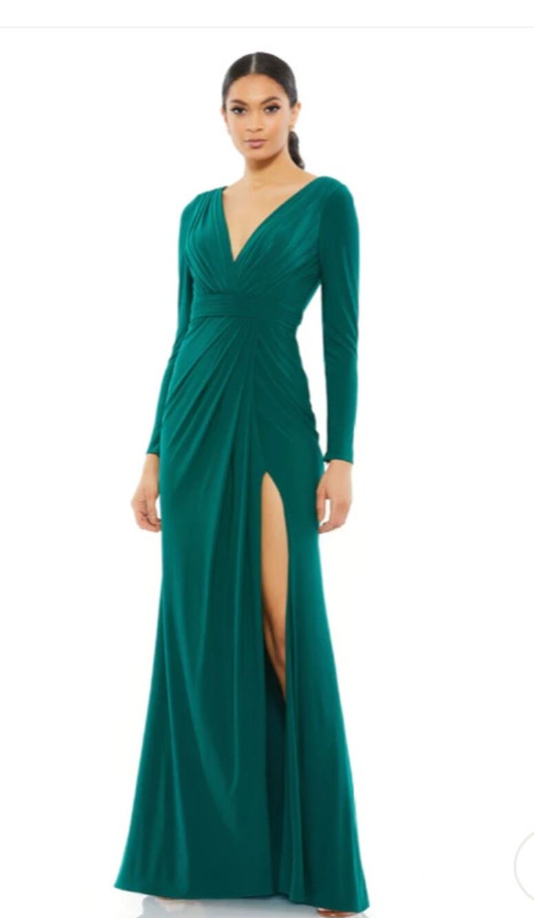 Mac Duggal 26554 V Neck Jersey High Slit Long Sleeve Gown 12